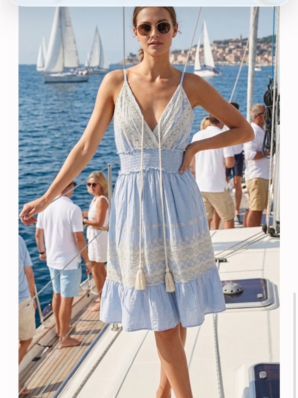 Pol Light Blue Lace Trim Sundress with Tassel Tie nwt boho ptp 16